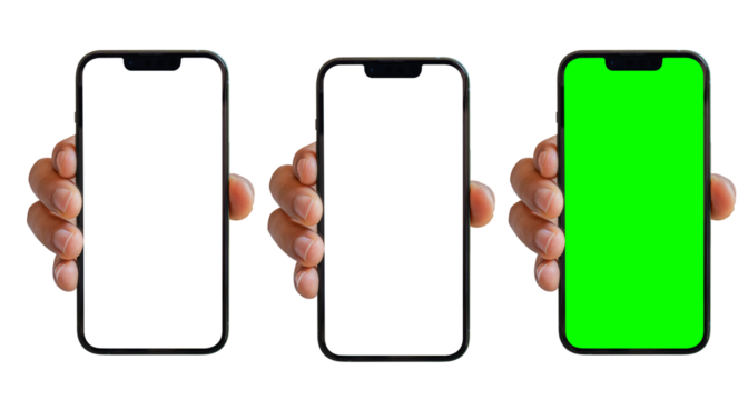 Smartphone mockup on transparent background. Hand holding mobile phone with blank, transparent and green screen. for advertising online.