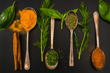 Variety on spices on spoons