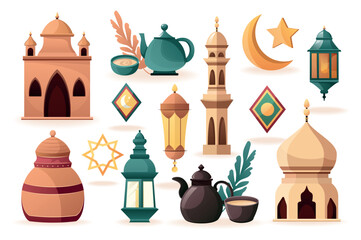 Ramadan Kareem set in flat design. Vector illustration