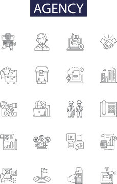 Agency line vector icons and signs. Firm, Bureau, Office, Group, Body, Authority, Service, Outfit outline vector illustration set