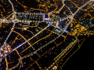 drone view of city streets at night public illumination at night from view from above 