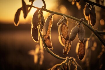 Soybean pods on the plantation at sunset. Agricultural photography. Generative AI