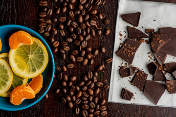 Coffee Beans. Coffee. Cups of coffee home brewed.  Espresso with steamed milk, frothy milk foam, topped with sugar and chocolate syrup. Classic Italian or French cafe or coffee shop drink.