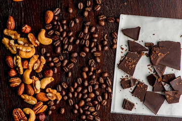 Coffee Beans. Coffee. Cups of coffee home brewed.  Espresso with steamed milk, frothy milk foam, topped with sugar and chocolate syrup. Classic Italian or French cafe or coffee shop drink.