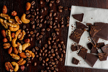 Coffee Beans. Coffee. Cups of coffee home brewed.  Espresso with steamed milk, frothy milk foam, topped with sugar and chocolate syrup. Classic Italian or French cafe or coffee shop drink.