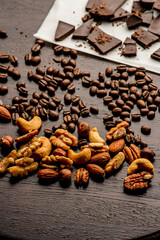 Coffee Beans. Coffee. Cups of coffee home brewed.  Espresso with steamed milk, frothy milk foam, topped with sugar and chocolate syrup. Classic Italian or French cafe or coffee shop drink.