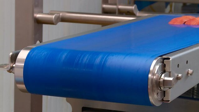 conveyor at the meat processing plant for the production and packaging of sausage cuts