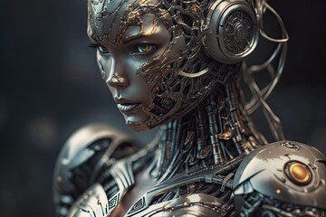 Close up model of cyborg robot. Generative AI