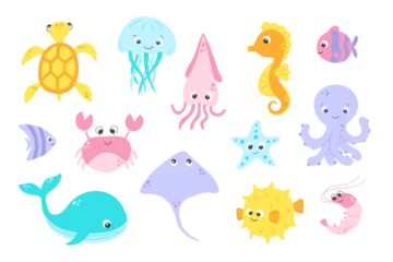 Fotobehang Vector cute fish and wild marine animals collection in flat style. Colourful set of ocean and sea life © dashtik