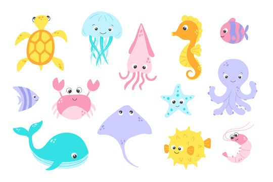 Vector cute fish and wild marine animals collection in flat style. Colourful set of ocean and sea life