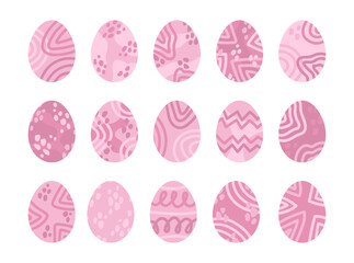 Painted pink Easter eggs isolated on white. Modern abstract minimal organic shapes, line, spots Easter egg design. Trendy hand drawn decoration, happy Easter egg hunt, pink ornamental decoration.