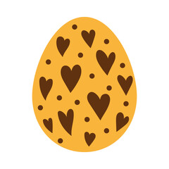 Easter yellow egg with brown hearts and dots. Egg hunt. Easter tradition. Egg in flat design.