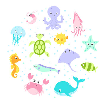 Vector cute fish and wild marine animals circle collection in flat style. Colourful set of ocean and sea life