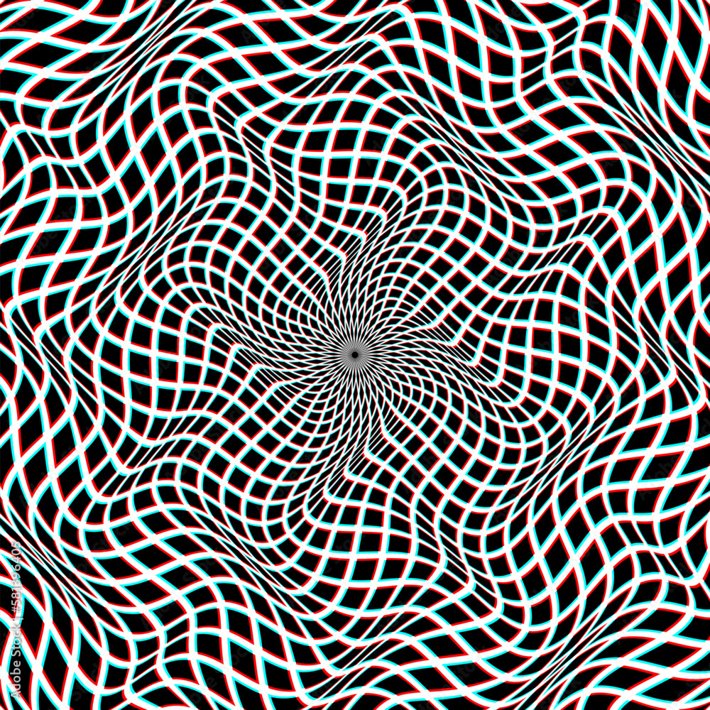 Poster optical art background of black and red cyan curved squares in a distorted circle. psychedelic round