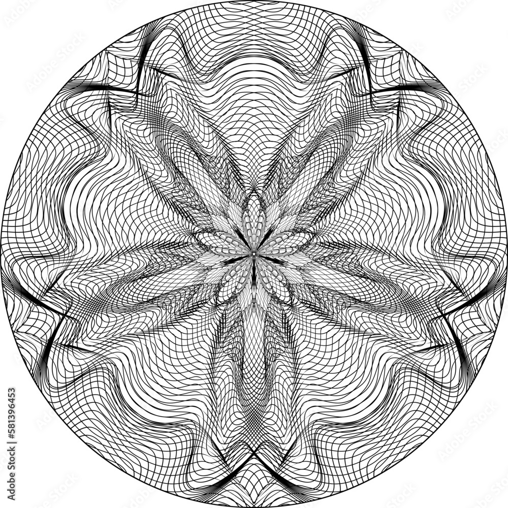 Poster optical art patterned circle of black lines. moire five-pointed round guilloche pattern, background 