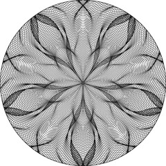 Optical art patterned circle of black wavy lines. Moire circular five-petals guilloche pattern, background design. - obrazy, fototapety, plakaty