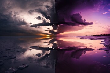 Stunning purple sky at dusk and in the evening. high quality stitched panorama picture. Generative AI