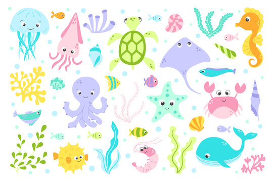Vector cute fish and wild marine animals big collection in flat style. Colourful set of ocean and sea life