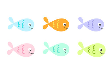 Vector set of sea fish cartoon illustration on white background. Colorful flat simple aquarium fish icon