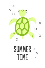 Poster of vector cute cartoon green sea turtle with bubbles and text Summer time in flat style.