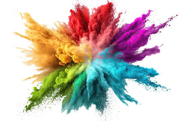 Fototapeta na wymiar Holi color powder explosion with rainbow on isolated white background, burst of vibrant colors. Generative AI