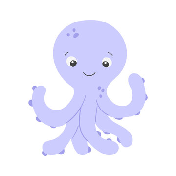 Vector cute cartoon purple octopus in flat style. Illustration of sea animal character