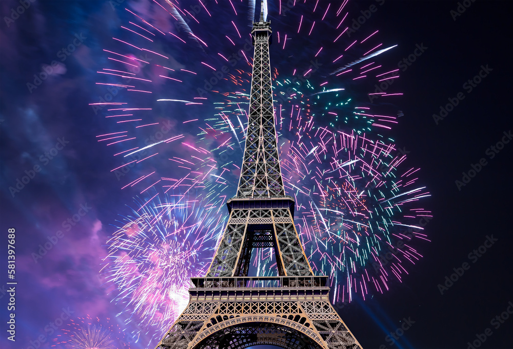 Wall mural Celebratory colorful fireworks over the Eiffel Tower in Paris, France