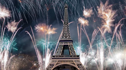 Foto op Canvas Celebratory colorful fireworks over the Eiffel Tower in Paris, France © Владимир Журавлёв