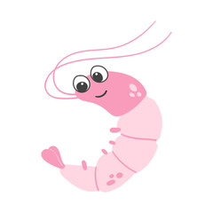 Vector cute cartoon pink shrimp in flat style. Illustration of sea animal character