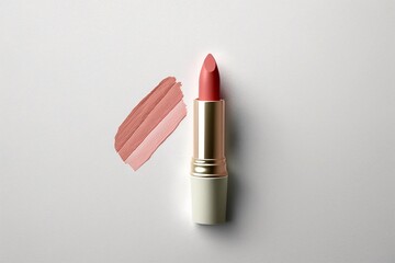 Creamy neutral tone cosmetic samples and single nude lipstick on white background. Generative AI - obrazy, fototapety, plakaty