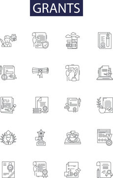 Grants line vector icons and signs. Funds, Subsidies, Endowments, Scholarships, Stipends, Donations, Bursaries, Financing outline vector illustration set