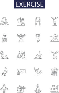 Exercise line vector icons and signs. Exercise, Gym, Fitness, Aerobics, Jogging, Running, Training, Pilates outline vector illustration set