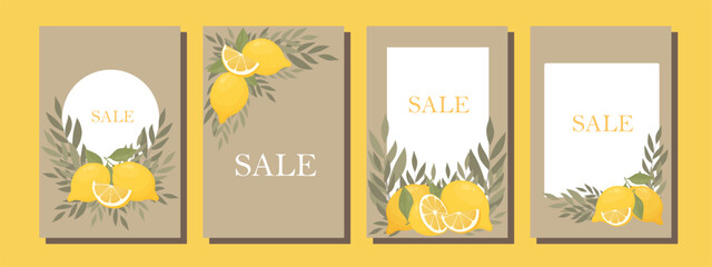 A set of postcards. Postcards with lemons. Greeting cards. Wedding invitation. Lemon design. A card for a discount or sale