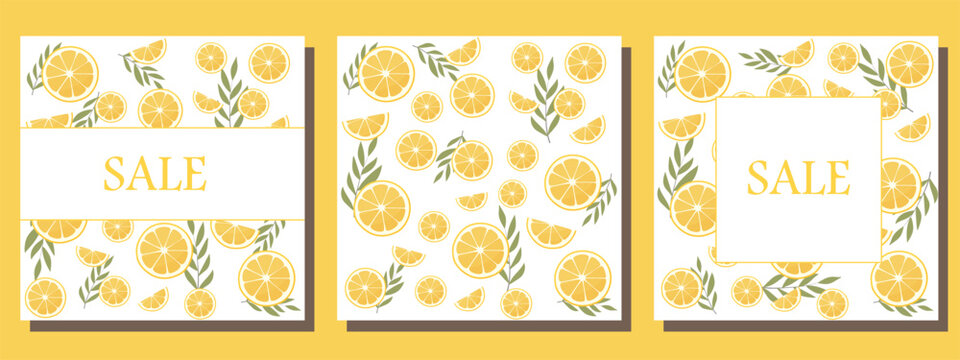 A set of postcards. Postcards with lemons. Greeting cards. Wedding invitation. Lemon design. A card for a discount or sale