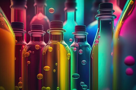 Close up of multicolored medical glass vials and empty bottles filled with colorful biological liquid samples at a pharmacy trade expo. notion of science, laboratory technology, and healthcare