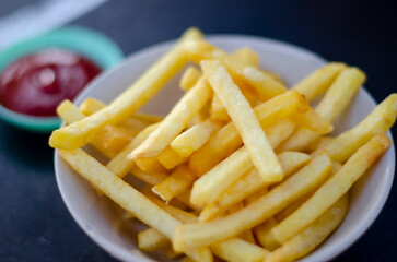 Closeup view of french fries crispy fries, made from potatoes