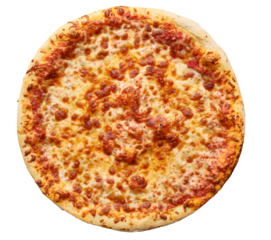 cheese pizza that is unsliced shot from top down view and isolated
