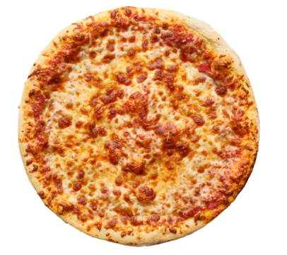 cheese pizza that is unsliced shot from top down view and isolated