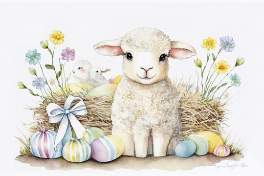 Baby lamb stand watercolor, easter background