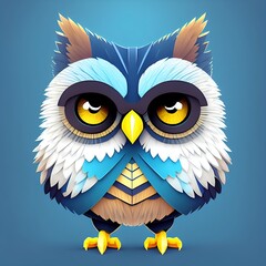 Little owl cartoon style with white and blue colors. Generative AI