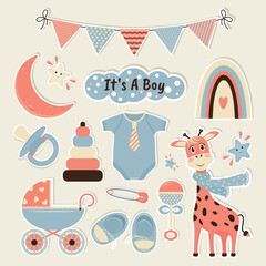 A set of stickers for a newborn. It's a boy, a baby shower. Vector illustration
