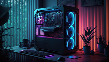 Gaming Setup with Computer, Desk, and Neon Lights. Generative Ai