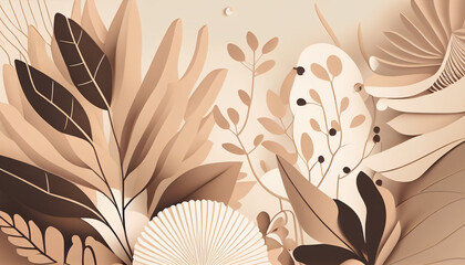 Neutral Beige Background with Abstract Hand-Drawn Floral Elements. Generative Ai