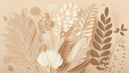 Hand-Drawn Floral Elements on Neutral Beige Background. Generative Ai
