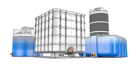 Water tank with metal grill and Ccontainers for water of different shapes. 3d rendering.