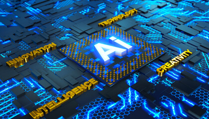 Conceptual composition of the processor with the Ai logo on the printed circuit board. 3D rendering.