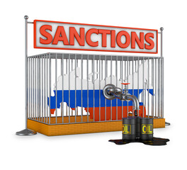 Map of Russia in a cage with an oil pipe and a signboard with the inscription Sanctions. 3d render.
