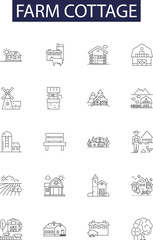 Farm cottage line vector icons and signs. Cottage, Agritourism, Croft, Dairy, Acreage, Ranch, Rural, Log outline vector illustration set © iconsgraph