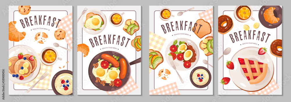 Wall mural a healthy breakfast set of flyers. healthy food menu. breakfast and home cooking concept. vector tem