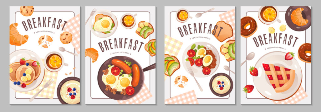 A healthy breakfast set of flyers. Healthy food menu. Breakfast and home cooking concept. Vector template for banners, promotions, flyers.
